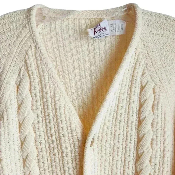 Vintage 70s Wool Blend Cardigan Women XL | Cable Knit Grandpa Sweater Ivory - Picture 3 of 11